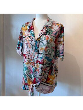 Investments II Vibrant Tropical Button-Up Tie-Front Shirt 1X